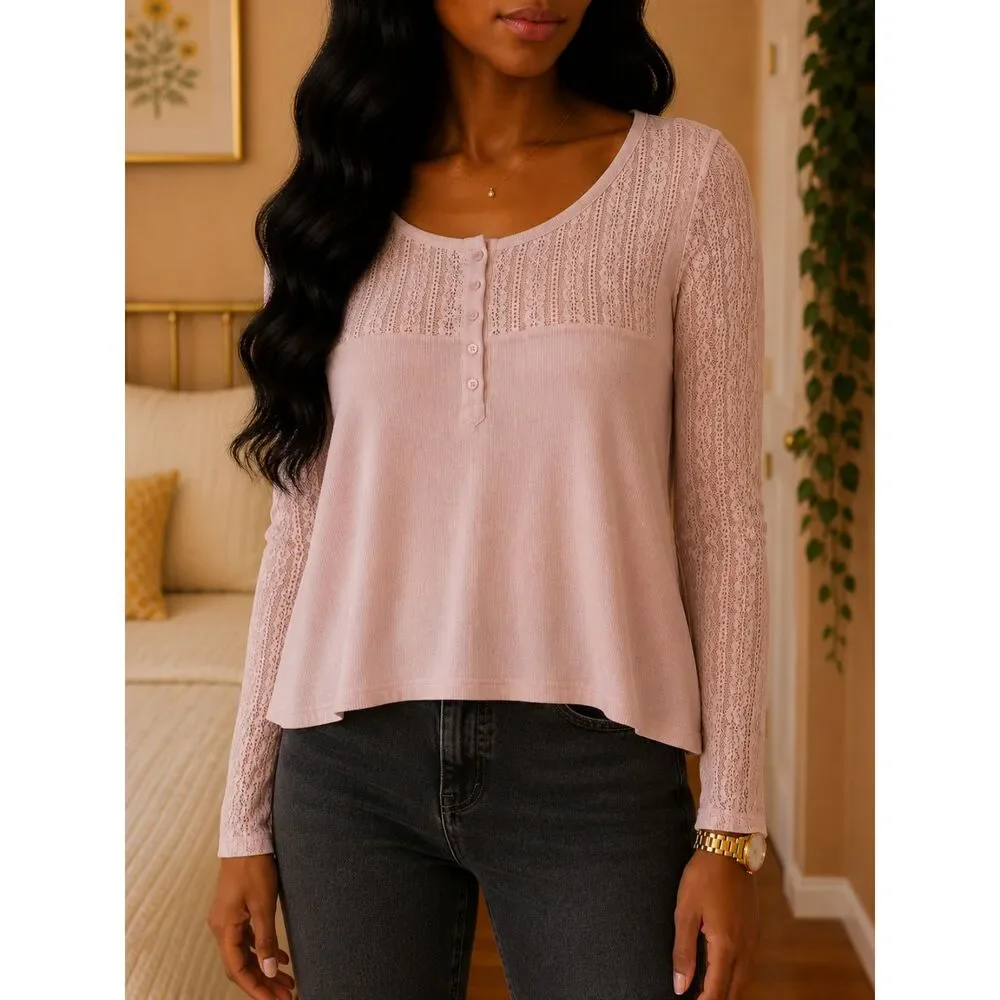 H&M Women Size M Soft Blush Pink Lace Yoke Henley Top Romantic Coquette Pullover